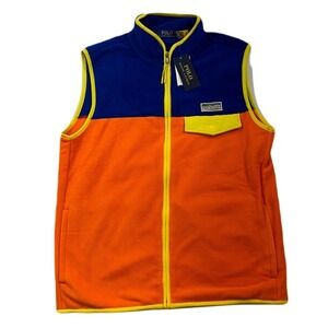 Polo Ralph Lauren Brushed Fleece Vest Mens Small Orange Blue ColorBlock $168 NEW